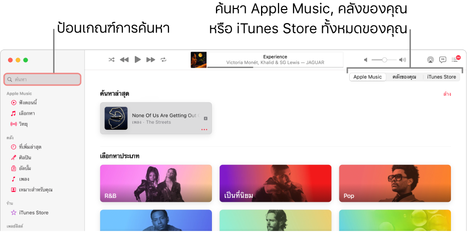 หน้าต่าง Apple Music ที่แสดงช่องค้นหาที่มุมซ้ายบนสุด รายการหมวดหมู่ที่กึ่งกลางของหน้าต่าง และ Apple Music, คลังของคุณ และ iTunes Store ที่มุมขวาบนสุด ป้อนเกณฑ์การค้นหาในช่องค้นหา จากนั้นเลือกว่าจะให้ค้นหาทั้งหมดใน Apple Music, เฉพาะคลังของคุณ หรือ iTunes Store