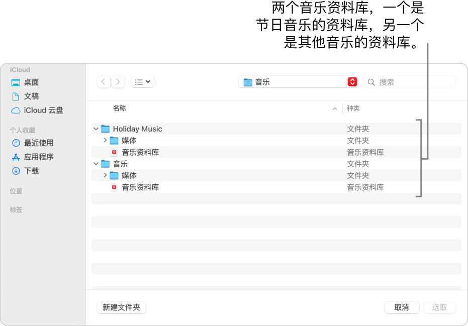 “访达”窗口显示多个资料库：一个是节日音乐的资料库，另一个是其他音乐的资料库。