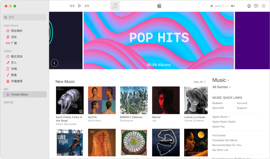 iTunes Store 主窗口：iTunes Store 在边栏中高亮显示。
