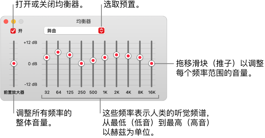 均衡器窗口：左上角是用于打开“音乐”均衡器的复选框。其旁边是均衡器预置的弹出式菜单。在最左边，调整前置放大器所有频率的整体音量。在均衡器预置下方，调整不同频率范围的音量，这些频率表示人类最低到最高的听觉频谱。