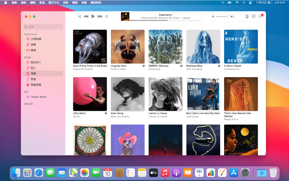 Apple Music 視窗顯示包含多張專輯的資料庫。