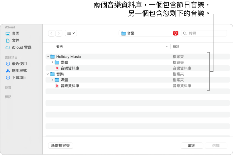 Finder 視窗顯示多個資料庫，一個包含節慶音樂、另一個包含您其餘的音樂。