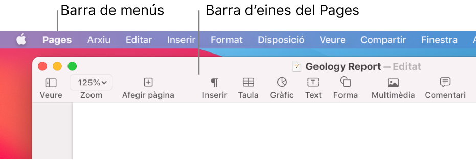 La barra de menús, amb el menú Apple i el menú Pages a l’angle superior esquerre i, a sota, la barra d’eines del Pages amb els botons Veure i Zoom a l’angle superior esquerre.