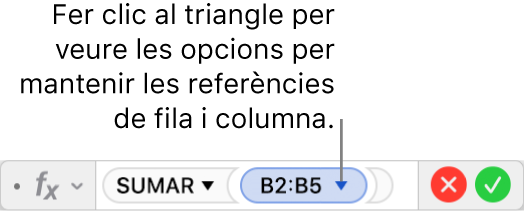 L’editor de fórmules, que mostra com mantenir la fila i la columna d’una referència d’interval.