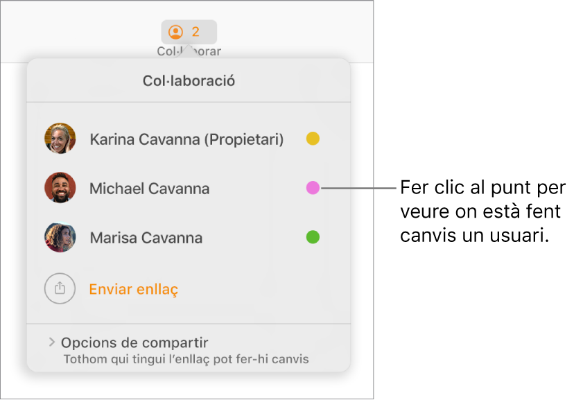 La llista de participants amb tres participants i, al costat de cada nom, un punt de diferent color.