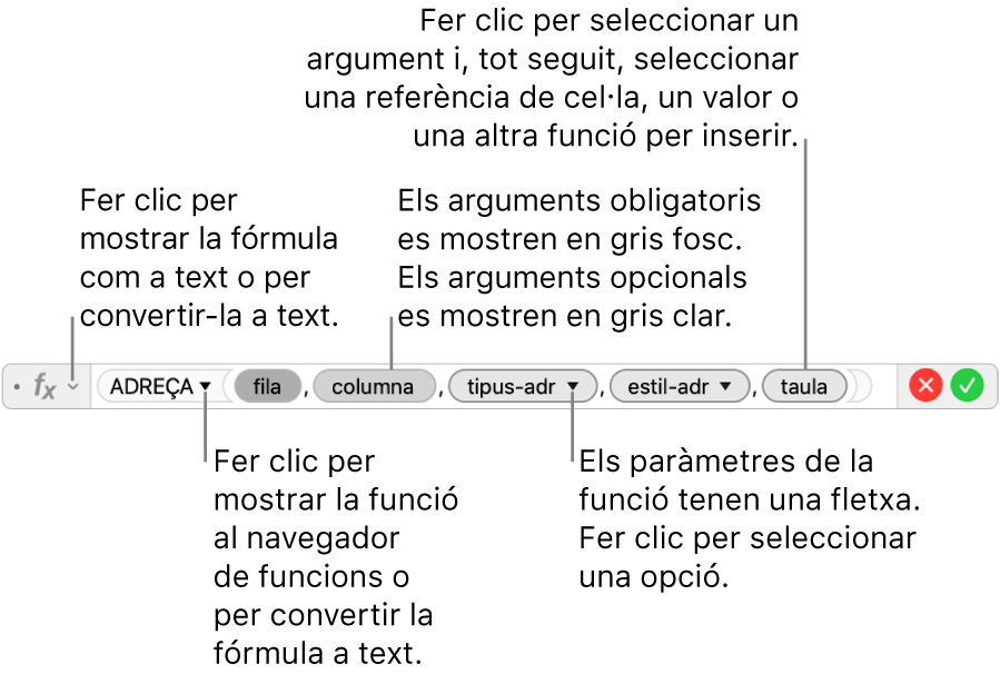 L’editor de fórmules, que mostra la funció ADREÇA i els arguments corresponents.