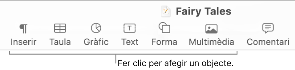 La barra d’eines del Pages amb els botons Taula, Gràfic, Text, Forma i Multimèdia.