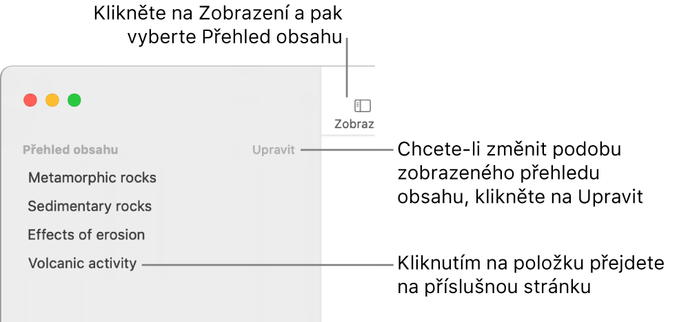 Obsah zobrazený v levé části okna Pages: v pravém horním rohu bočního panelu je vidět tlačítko Úpravy a položky obsahu mají formu seznamu.