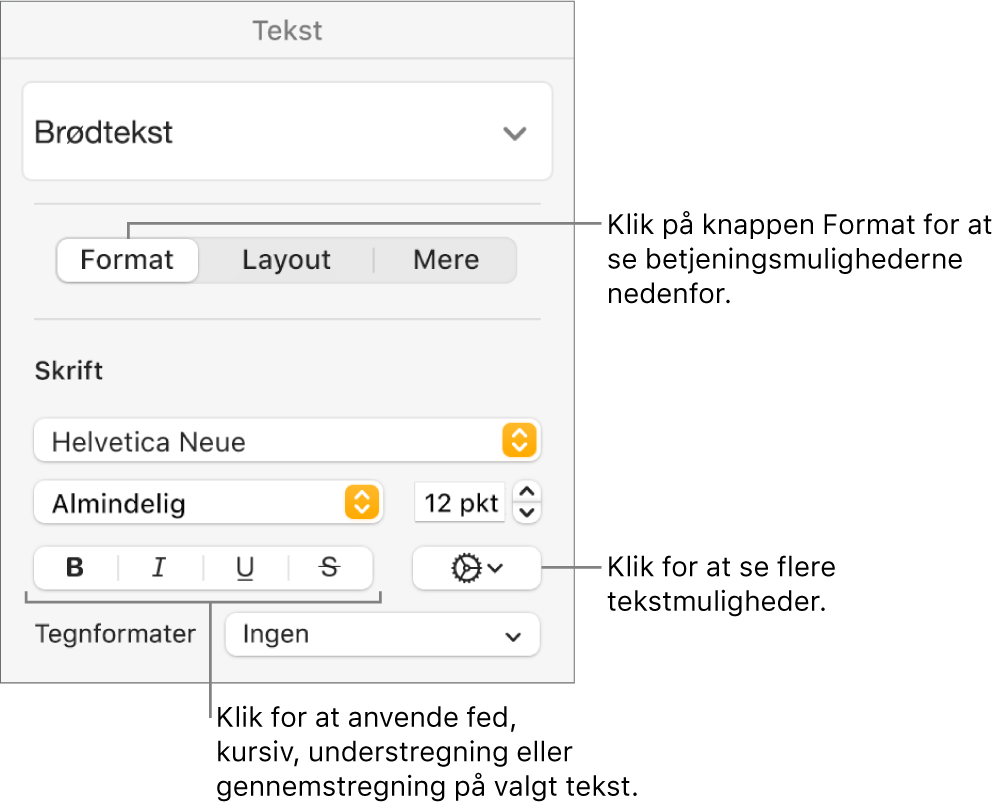 Betjeningsmulighederne til Format i indholdsoversigten Format med billedforklaringer til knapperne Fed, Kursiv, Understreget og Gennemstreget.