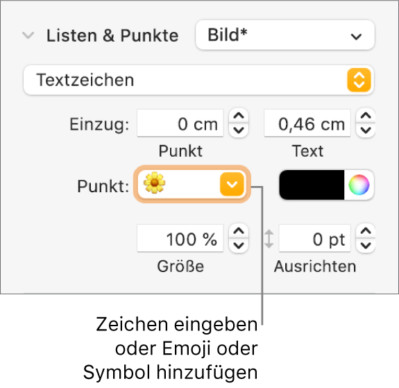 Der Abschnitt „Listen & Punkte“ in der Seitenleiste „Format“ Das Feld „Punkt“ mit einem Blumen-Emoji