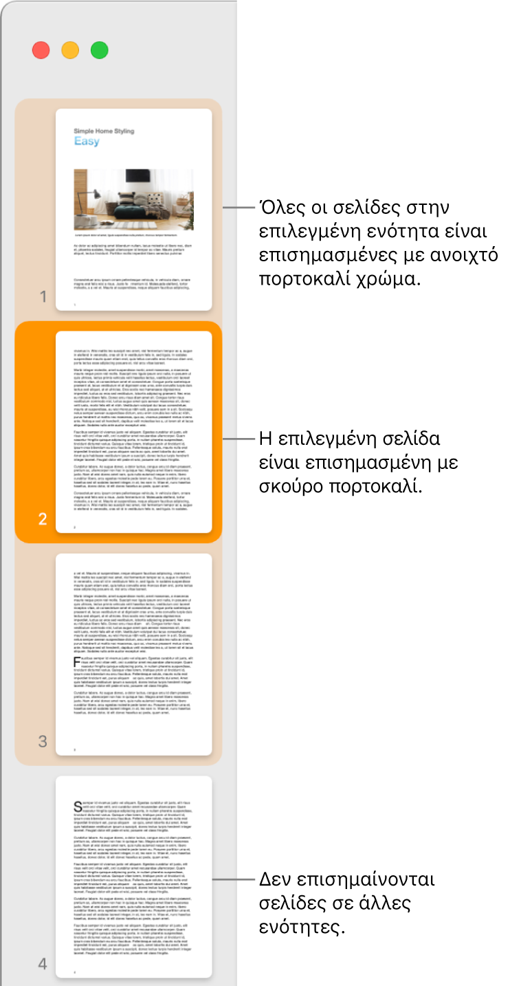 Η πλαϊνή στήλη προβολής μικρογραφιών με την επιλεγμένη σελίδα επισημασμένη με σκούρο πορτοκαλί και όλες τις σελίδες στην επιλεγμένη ενότητα επισημασμένες με ανοιχτό πορτοκαλί.