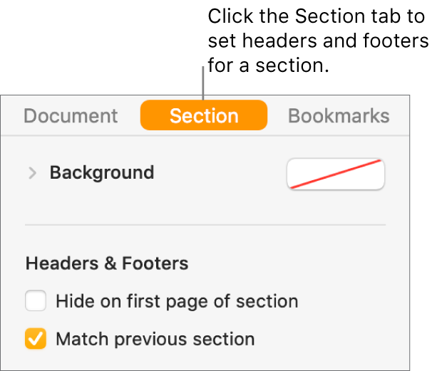 The Document sidebar with the Section tab at the top of the sidebar selected. The Headers & Footers section of the sidebar has tick boxes next to “Hide on first page of section” and “Match previous section”.