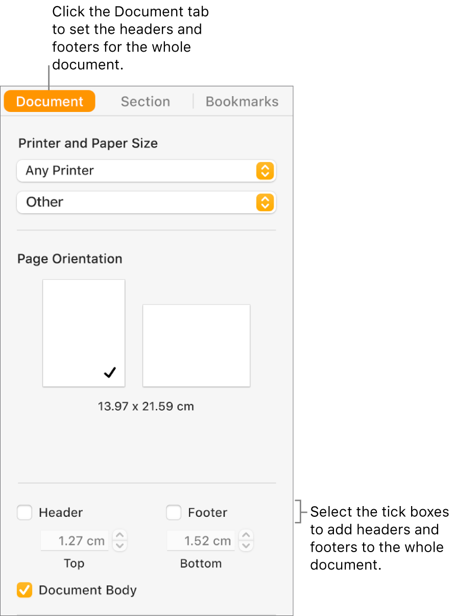 The Document sidebar with the Document tab at the top of the sidebar selected. Below the Header and Footer tick boxes there are arrows to change the distance of headers and footers from the top and bottom of the page.