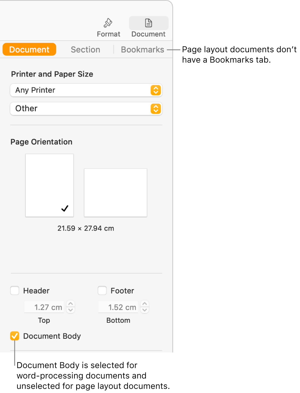 The Format sidebar with Document, Section and Bookmarks tabs at the top. The Document tab is selected and a callout to the Bookmarks tab says that page layout documents don’t have a Bookmarks tab. The Document Body tick box is selected, which also indicates that this is a word-processing document.