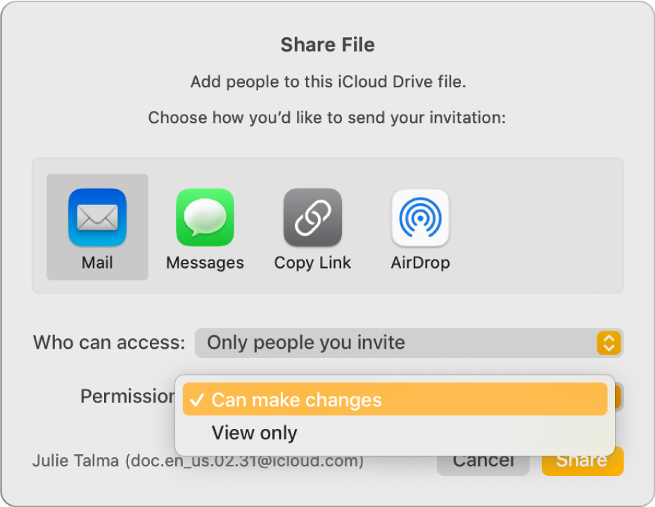 The Share Options section of the collaboration dialogue with the Permission pop-up menu open and “Can make changes” selected.