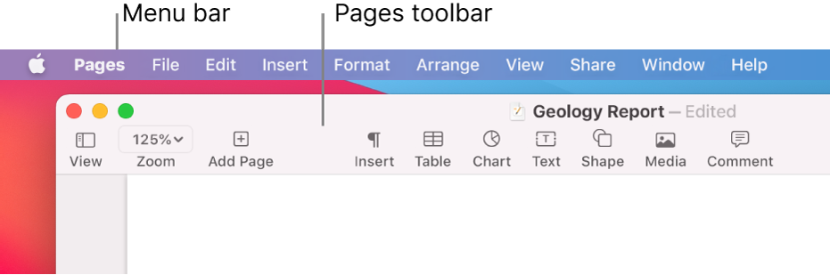 The menu bar at the top of the screen with Apple, Pages, File, Edit, Insert, Format, Arrange, View, Share, Window and Help menus. Below it is an open Pages document with toolbar buttons across the top for View, Zoom, Add Page, Insert, Table, Chart, Text, Shape, Media and Comment.