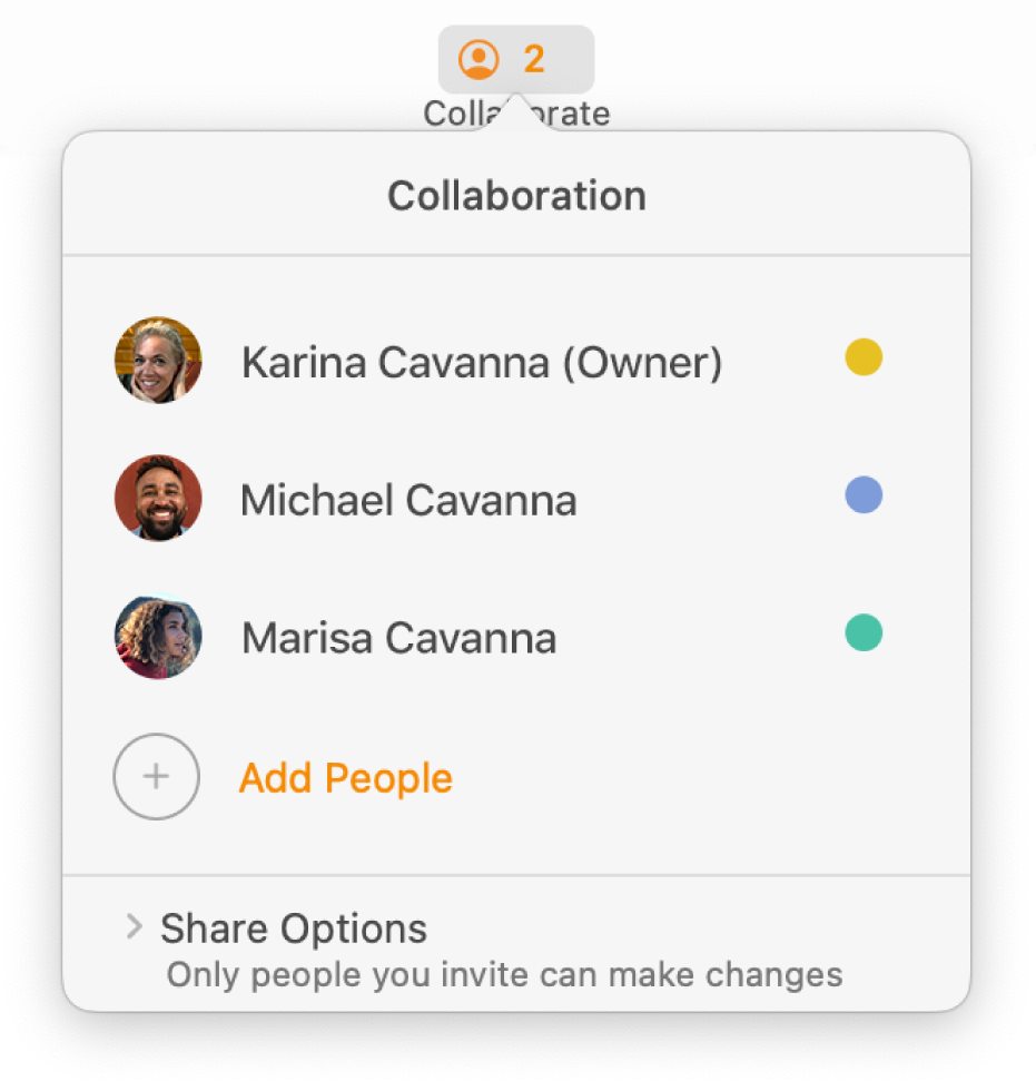 The Collaboration menu showing the names of people collaborating on the document. Share options are below the names.