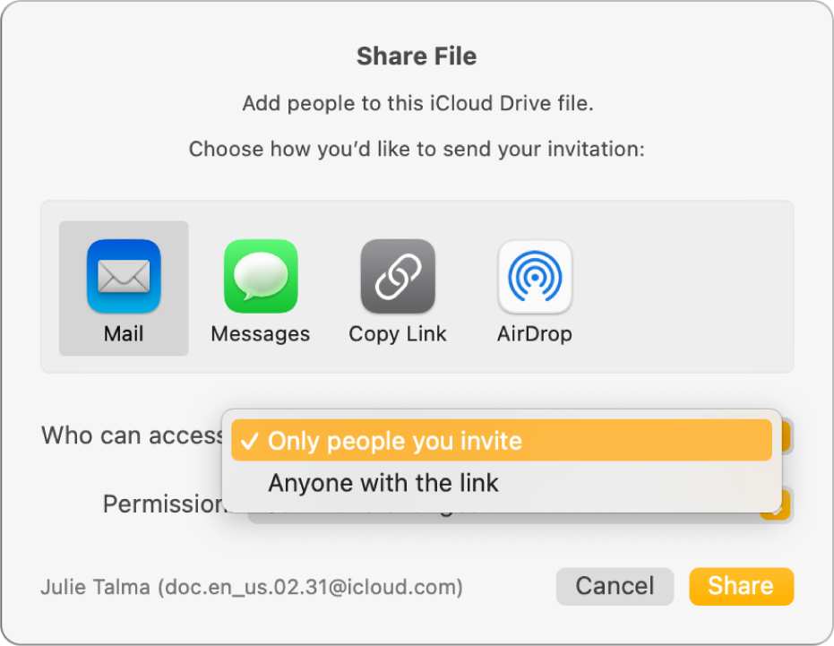 The collaboration dialog with the “Who can access” pop-up menu open and “Only people you invite” selected.