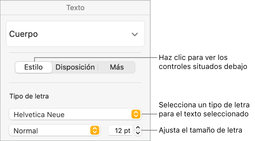 Controles de texto de la sección Estilo de la barra lateral Formato para ajustar el tamaño y el tipo de letra.