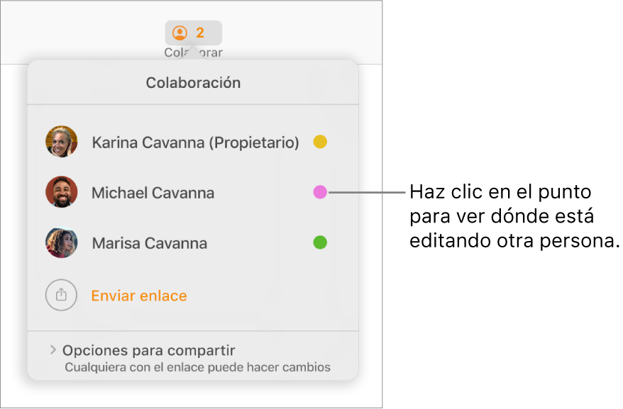 La lista de participantes con tres participantes y un punto de un color distinto a la derecha de cada nombre.