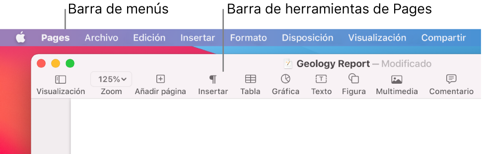 La barra de menús con el menú Apple y el menú Pages en la esquina superior izquierda y, debajo, la barra de herramientas de Pages con los botones de Visualización y Zoom en la esquina superior izquierda.