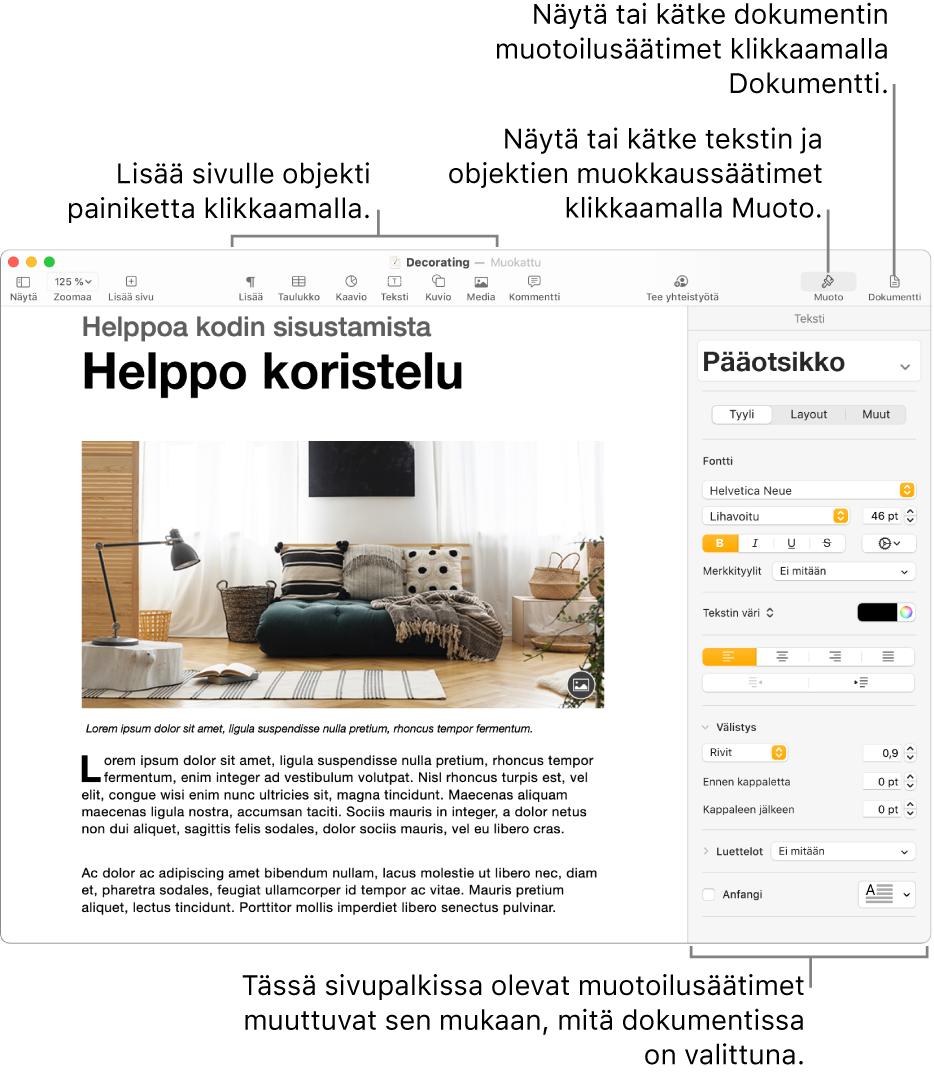 Pages-ikkuna, jonka työkalupalkissa on painikkeita objektien lisäämiseen ja sivupalkkien avaamiseen.