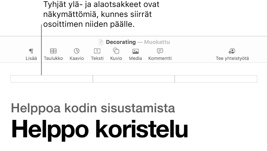 Kolme yläotsakekenttää dokumentin nimen yläpuolella.