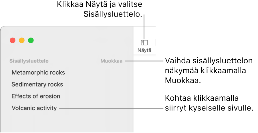 Sisällysluettelo Pages-ikkunan vasemmassa reunassa, Muokkaa-painike sivupalkin oikeassa yläkulmassa ja sisällysluettelon sisältö luettelona.