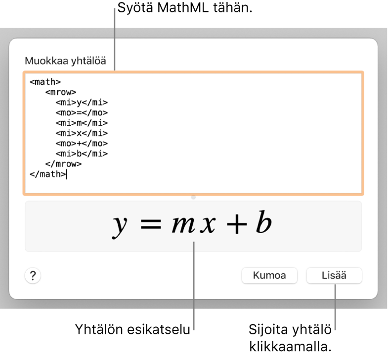 Muokkaa yhtälöä -kentässä on suoran kulmakertoimen yhtälö ja alla kaavan esikatselu.