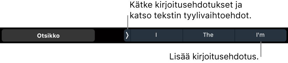 MacBook Pron Touch Bar, jossa on säätimet tekstiyylin valintaan, kirjoitusehdotuksien kätkemiseen ja kirjoitusehdotuksien sijoittamiseen.