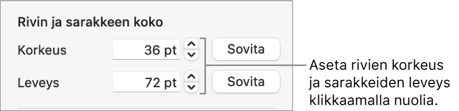 Säätimet rivi- tai sarakekoon asettamiseen täsmällisesti.