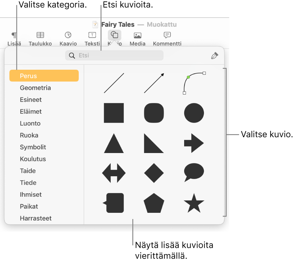 Kuviokirjasto, jossa näkyy vasemmalla kategorioita ja oikealla kuvioita. Voit etsiä kuvioita yläreunassa olevan hakukentän avulla ja näyttää niitä lisää vierittämällä.