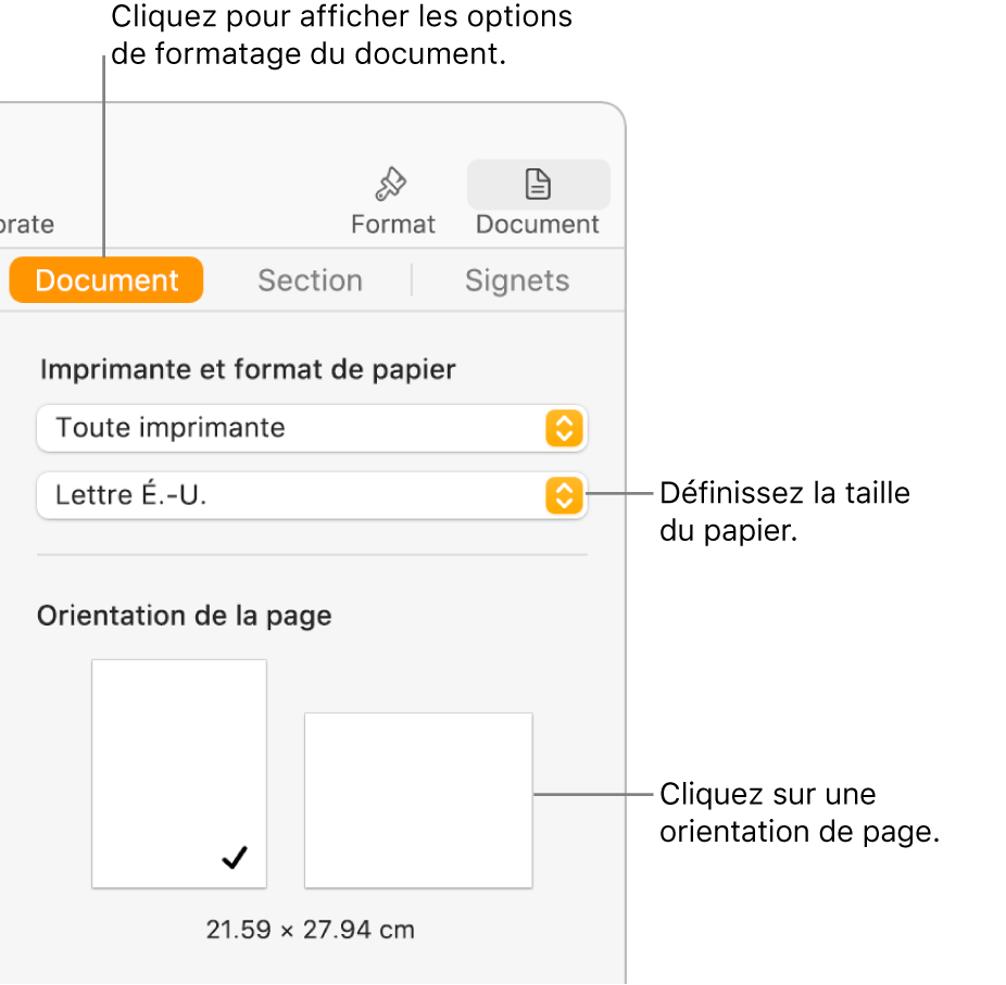 Barre latérale Document avec l’onglet Document en haut de la barre latérale sélectionnée. Dans la barre latérale se trouvent un menu contextuel permettant de définir la taille du papier et des boutons pour l’orientation des pages portrait et paysage.