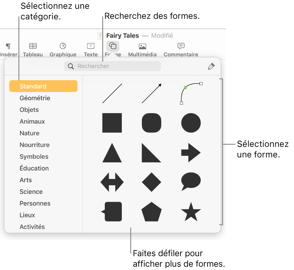 La bibliothèque de formes, avec les catégories répertoriées sur le côté gauche et les formes affichées sur le côté droit. Vous pouvez utiliser le champ de recherche situé en haut pour rechercher des formes. Vous pouvez également parcourir l’écran pour en trouver d’autres.