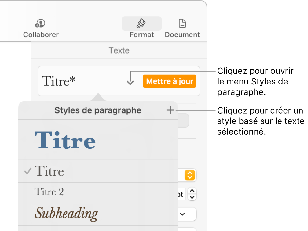 Le menu Styles de paragraphe, affichant des commandes pour ajouter ou modifier un style.