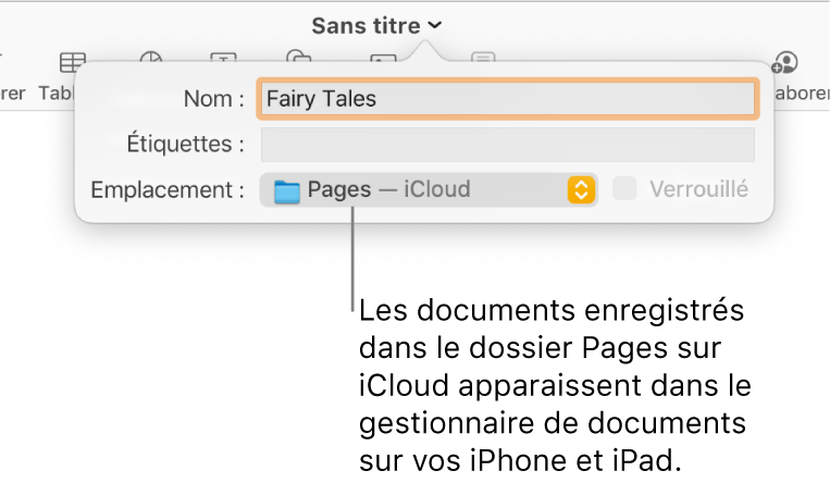 Zone de dialogue d’enregistrement d’un document avec Pages (iCloud dans le menu contextuel Emplacement).