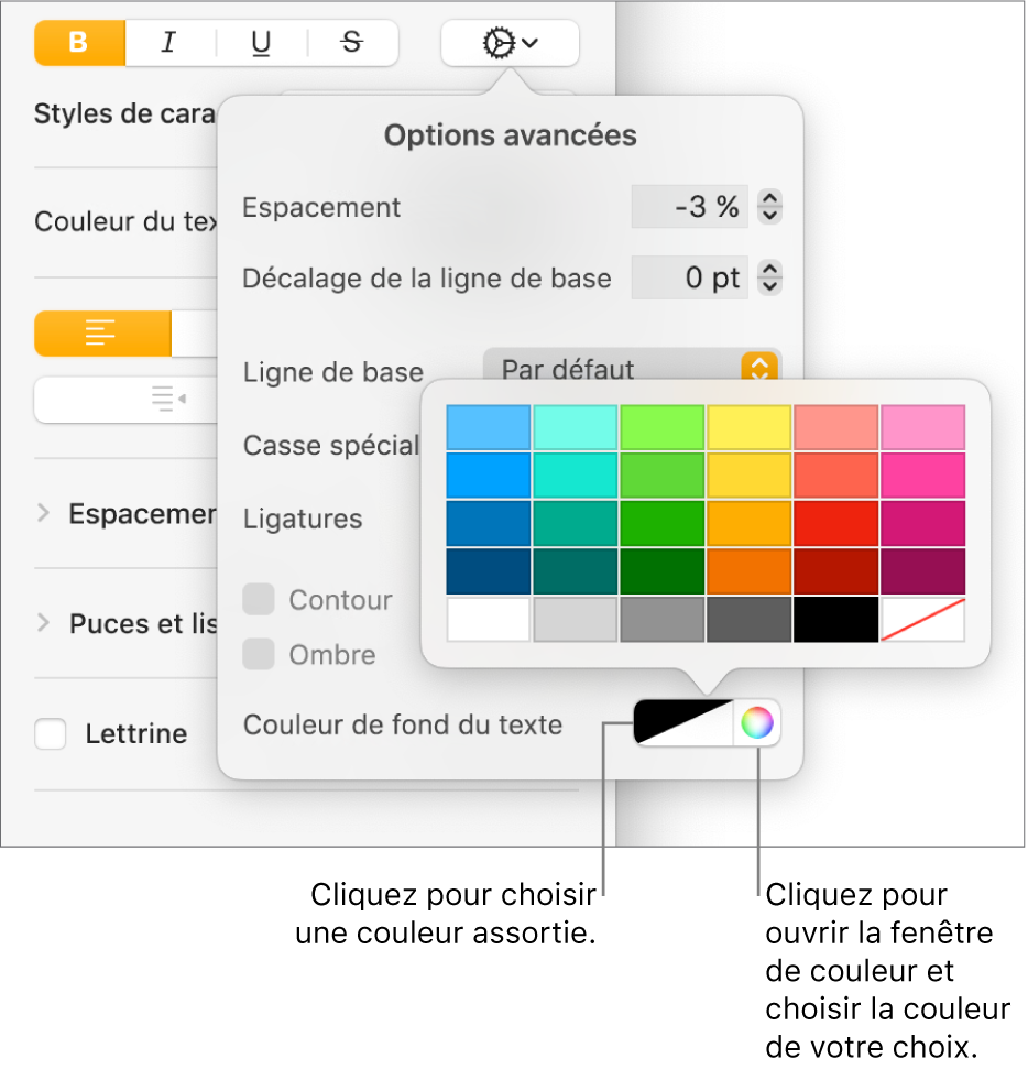 Commandes pour la sélection d’une couleur d’arrière-plan pour le texte.