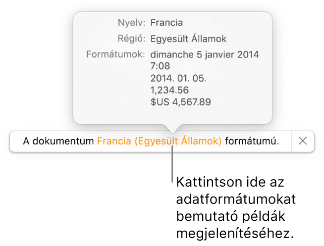 Értesítés az eltérő nyelvi és regionális beállításokról, és látható néhány példa az adott nyelvre és régióra jellemző formátumokra.