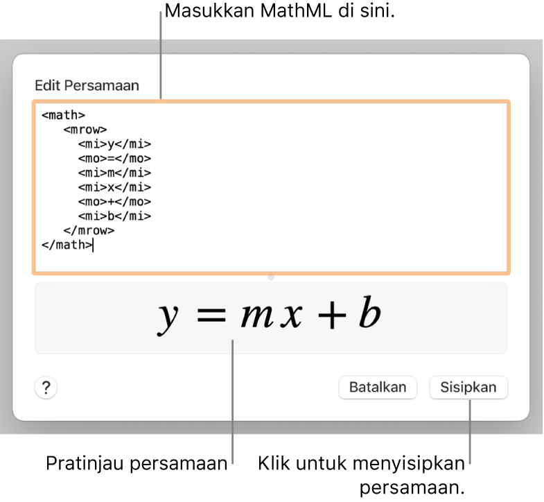 Persamaan untuk kemiringan garis di bidang Edit Persamaan, dan pratinjau formula di bawah.