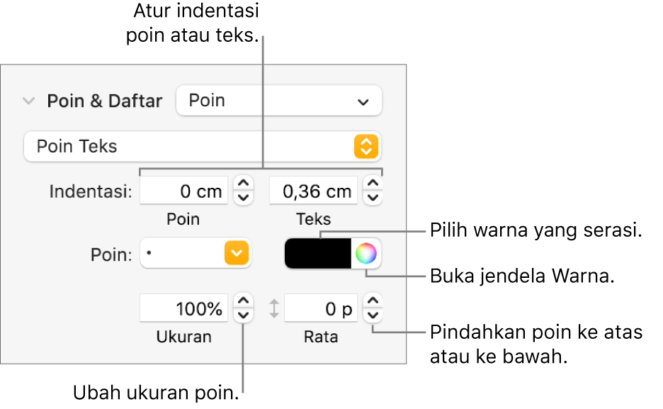 Bagian Poin & Daftar dengan keterangan pada kontrol untuk indentasi poin dan teks, warna poin, ukuran poin, dan perataan.