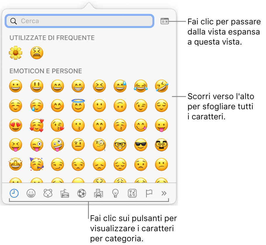 Finestra dei caratteri speciali con le emoticon, i pulsanti per i diversi tipi di simboli nella parte inferiore e la didascalia di un pulsante per mostrare l'intera finestra dei caratteri.