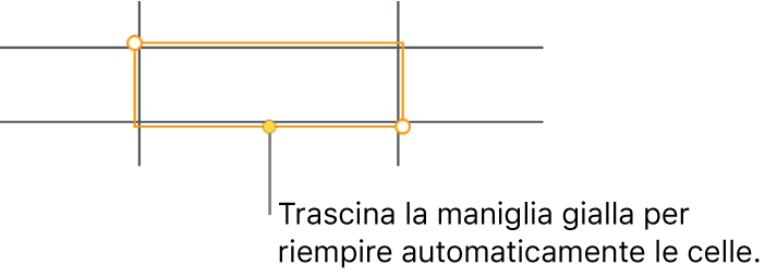 Una cella selezionata con una maniglia gialla che puoi trascinare per riempire automaticamente le celle.