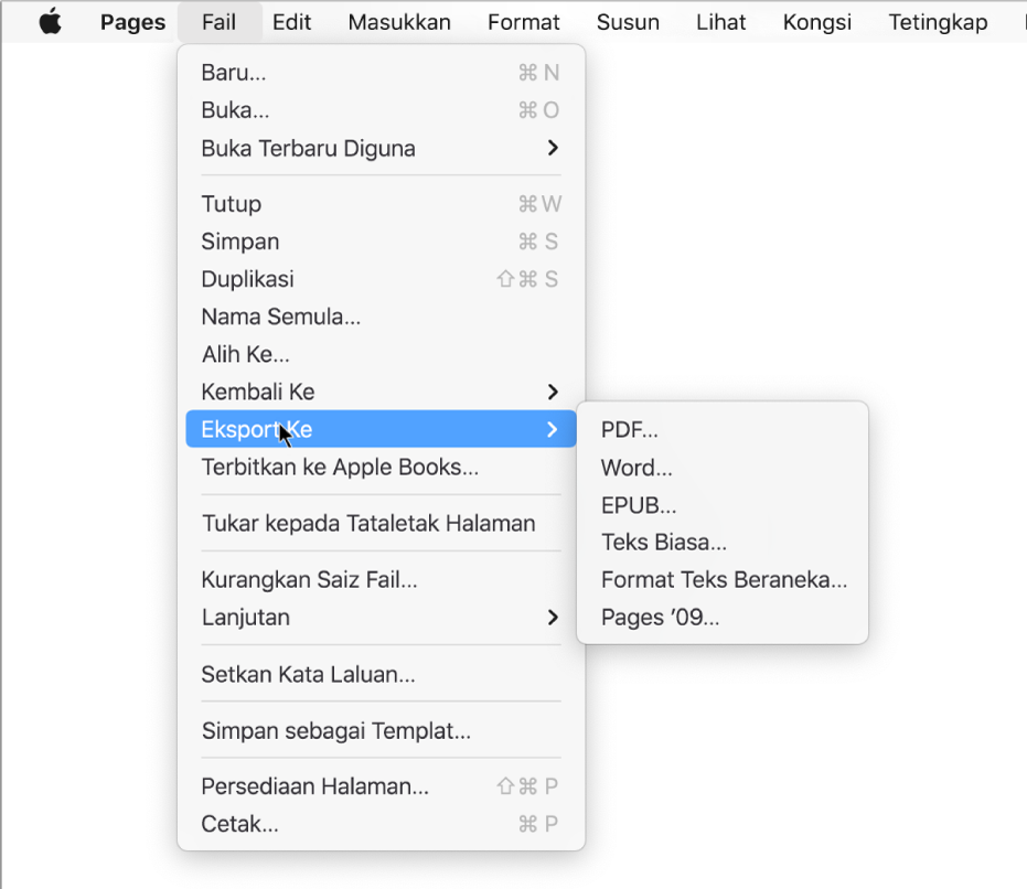 Menu Fail dibuka dengan Eksport Ke dipilih, dengan submenu menunjukkan pilihan eksport untuk PDF, Word, Teks Biasa, Format Teks Beraneka, EPUB dan Pages ’09.