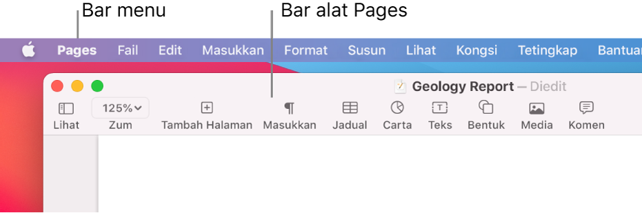 Bar menu dengan menu Apple dan menu Pages di penjuru kiri atas dan di bawahnya, bar sisi Pages dengan butang untuk Lihat dan Zum di penjuru kiri atas.