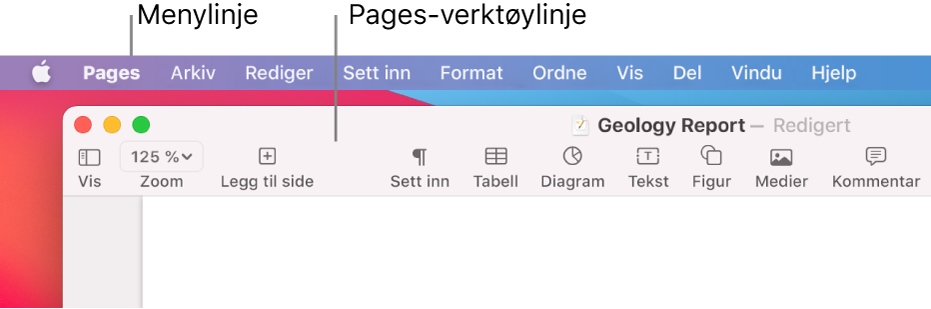 Menylinjen med Apple-menyen og Pages-menyen øverst til venstre, og under det Pages-verktøylinjen med knapper for Vis og Zoom øverst til venstre.