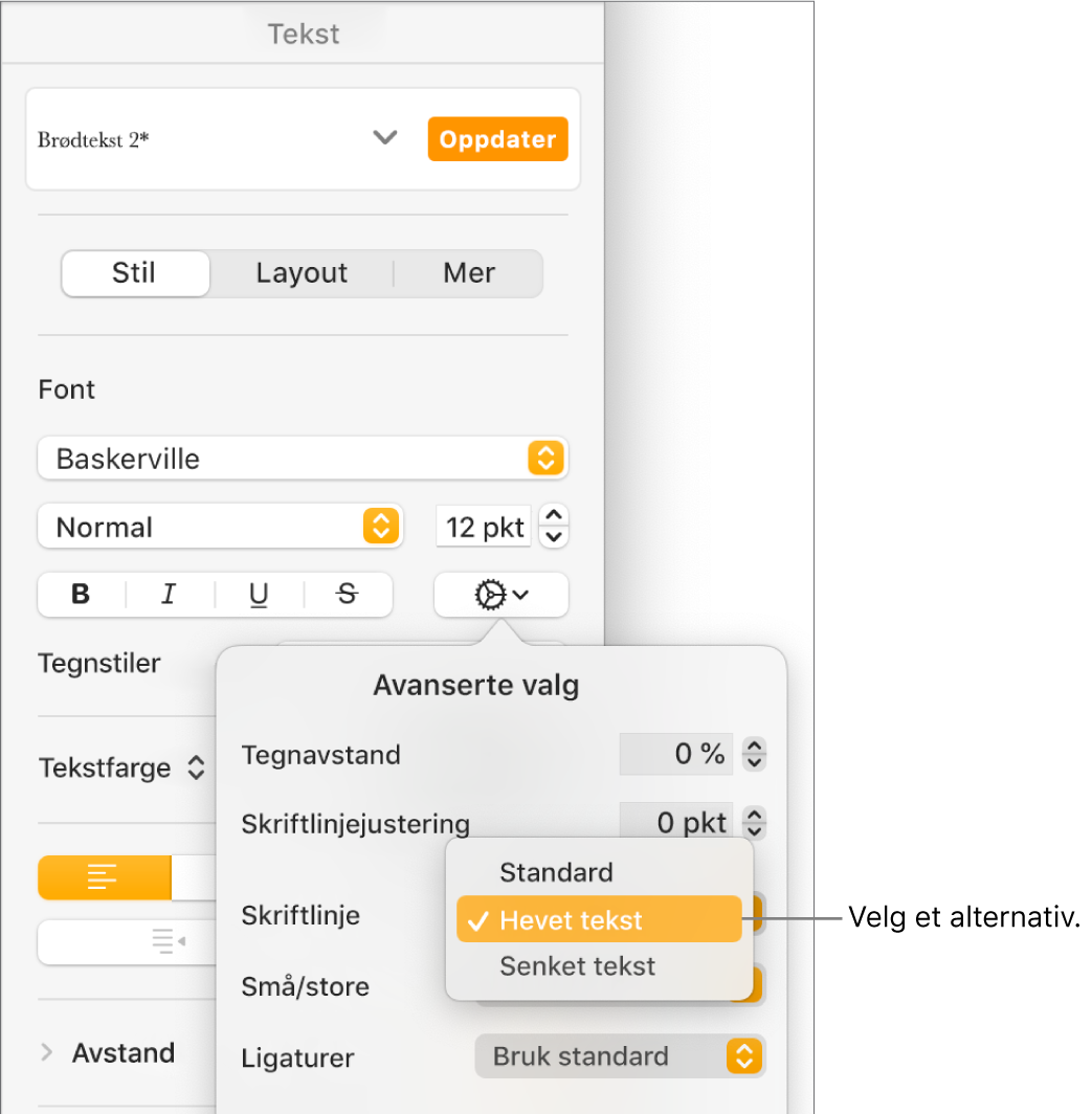 Avanserte valg-menyen der Grunnlinje-lokalmenyen er åpen og viser menyobjektene Standard, Hevet tekst og Senket tekst.