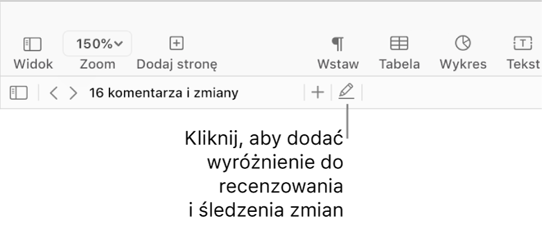 Pasek menu zawierający menu Wstaw, a pod nim pasek narzędzi Pages z narzędziami recenzenta oraz objaśnieniem do przycisku Wyróżnij.