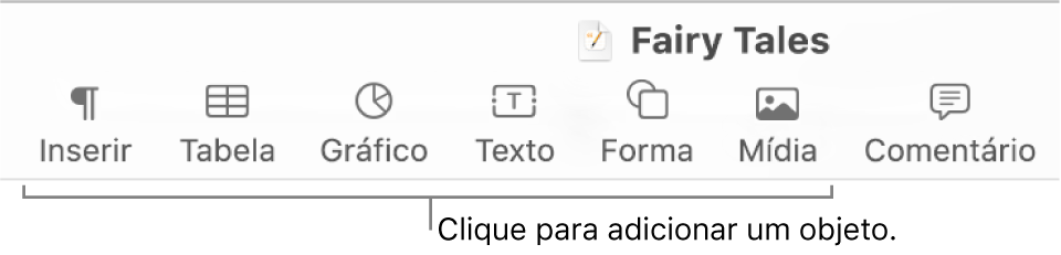 Barra de ferramentas do Pages com os botões Tabela, Gráfico, Texto, Forma e Mídia.