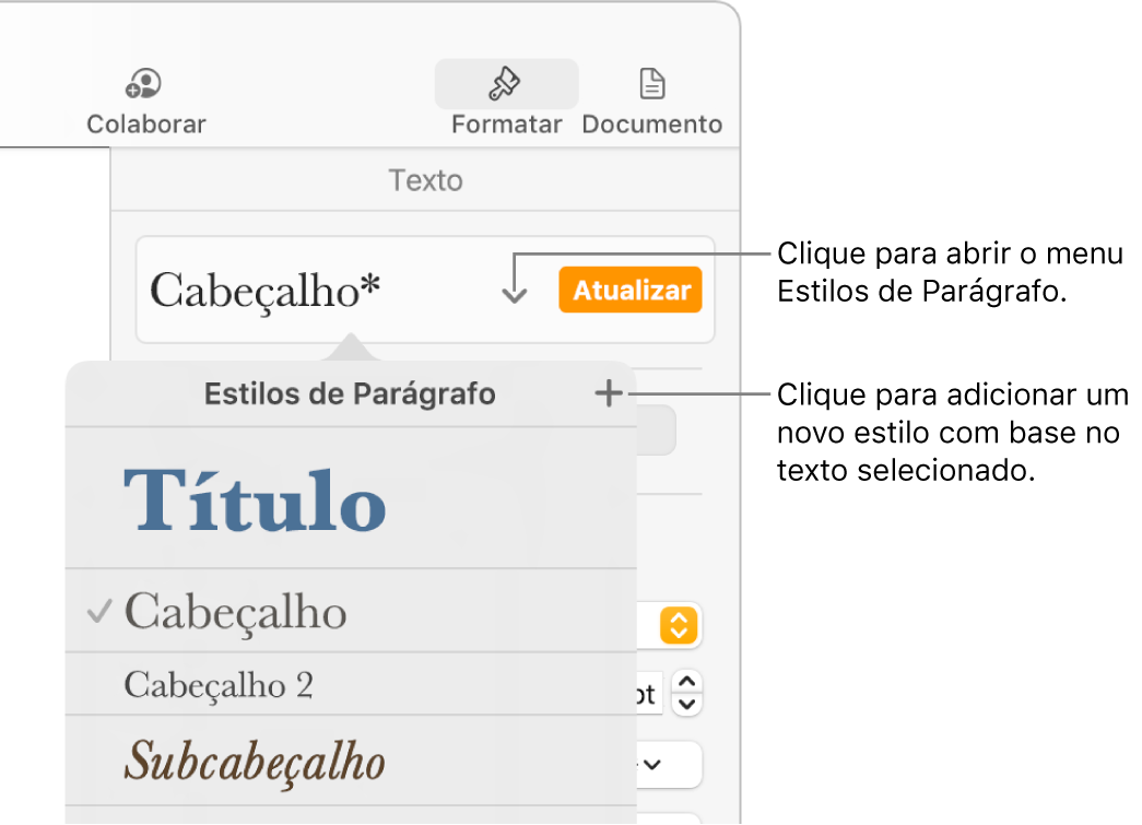 Menu Estilos de Parágrafo, exibindo os controles para adicionar ou alterar um estilo.