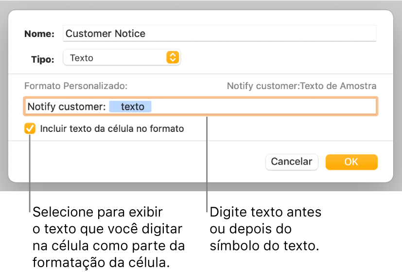 Janela de formato personalizado da célula, com controles para escolher formatação de texto personalizada.